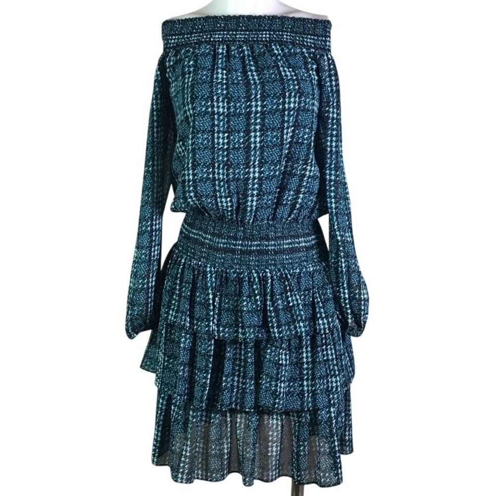 MICHAEL KORS BLUE & BLACK OFF THE SHOULDER DRESS